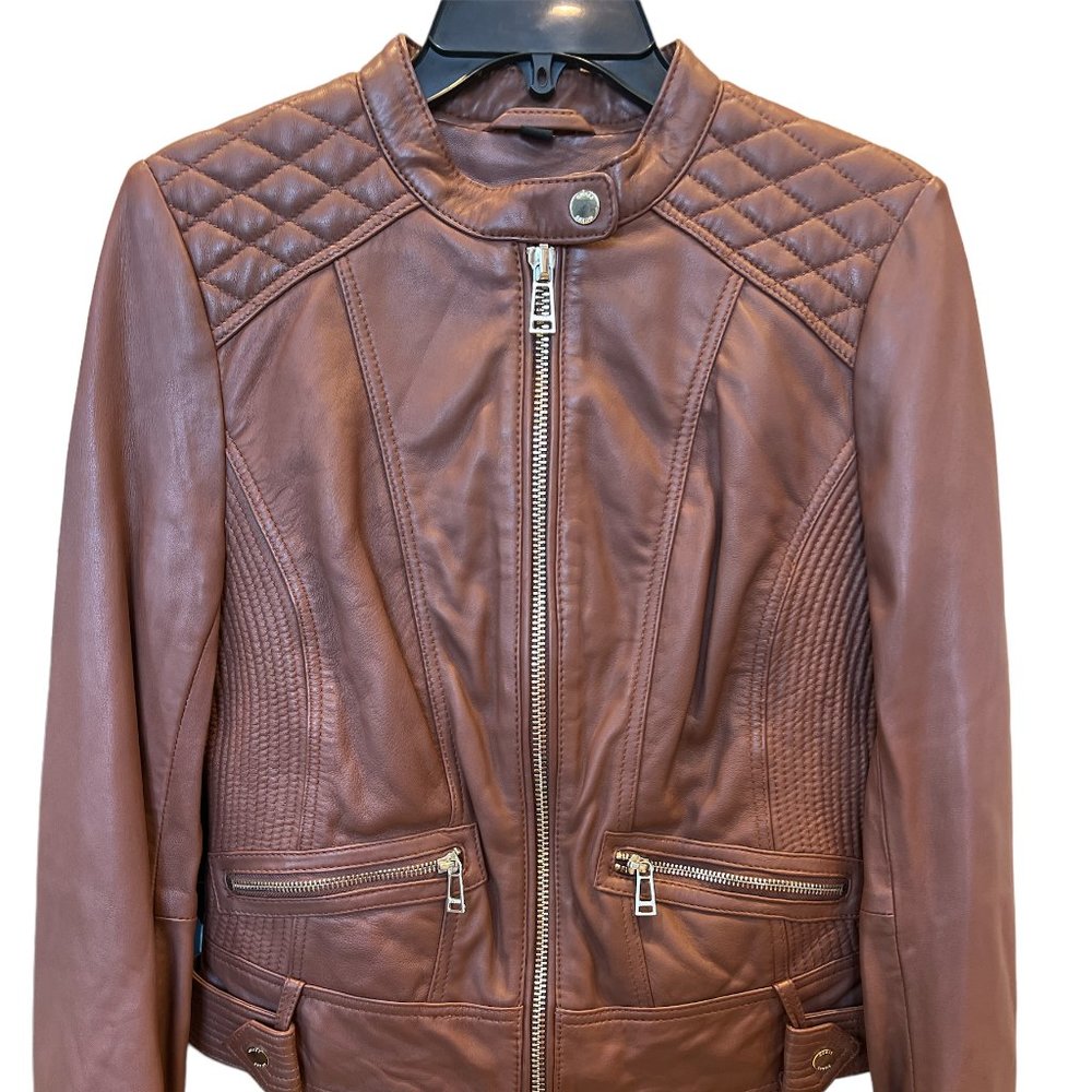 Guess Women's Cognac Quilted Leather Jacket  Size: Small